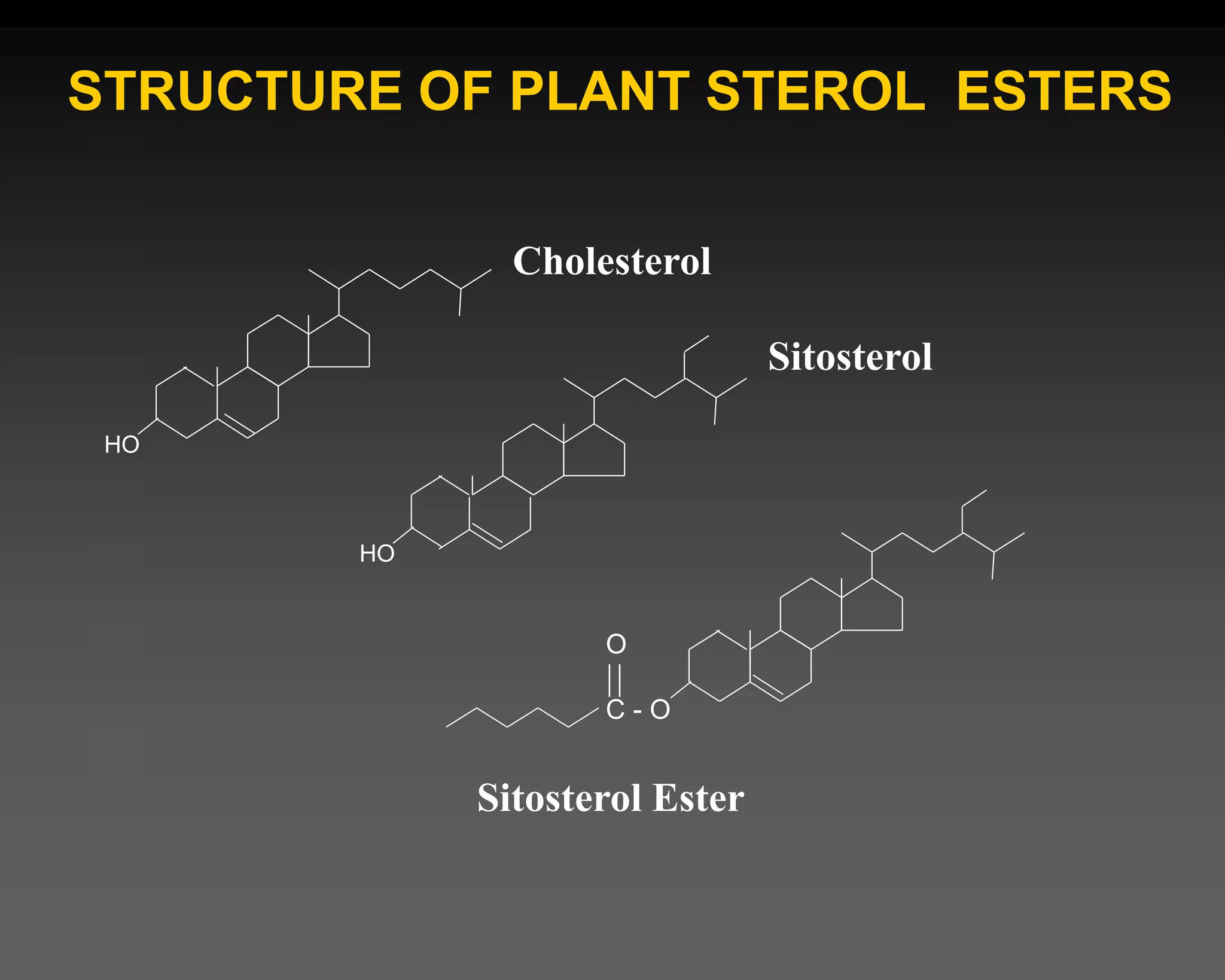 STRUCTURE OF PLANT STEROL ESTERS
HO
Cholesterol
Sitosterol
HO
O
C - O
Sitosterol Ester
 