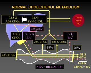 17 G
BA*
NORMAL CHOLESTEROL METABOLISM
Tissue
pools
70G
0.8 G
SYN CHOL
17.35 G
BA*
0.85 G
ABS CHOL
0.35 G BA*
.35 G
.65 G
.20 G
1.20 G
CHOL + BA
50% 95%
0.4 G CHOL
1.3 G
CHOL
* BA = BILE ACIDS
.20 G CHOL 0.65 G CHOL
 