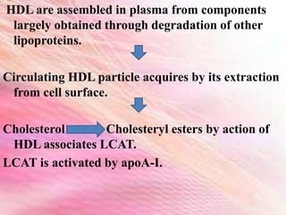 HDL are assembled in plasma from components
largely obtained through degradation of other
lipoproteins.
Circulating HDL particle acquires by its extraction
from cell surface.
Cholesterol Cholesteryl esters by action of
HDL associates LCAT.
LCAT is activated by apoA-I.
 
