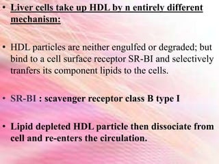 • Liver cells take up HDL by n entirely different
mechanism:
• HDL particles are neither engulfed or degraded; but
bind to a cell surface receptor SR-BI and selectively
tranfers its component lipids to the cells.
• SR-BI : scavenger receptor class B type I
• Lipid depleted HDL particle then dissociate from
cell and re-enters the circulation.
 