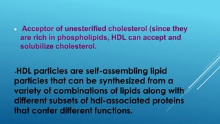 -HDL particles are self-assembling lipid
particles that can be synthesized from a
variety of combinations of lipids along with
different subsets of hdl-associated proteins
that confer different functions.
 Acceptor of unesterified cholesterol (since they
are rich in phospholipids, HDL can accept and
solubilize cholesterol.
 
