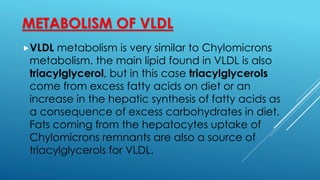 METABOLISM OF VLDL
VLDL metabolism is very similar to Chylomicrons
metabolism. the main lipid found in VLDL is also
triacylglycerol, but in this case triacylglycerols
come from excess fatty acids on diet or an
increase in the hepatic synthesis of fatty acids as
a consequence of excess carbohydrates in diet.
Fats coming from the hepatocytes uptake of
Chylomicrons remnants are also a source of
triacylglycerols for VLDL.
 