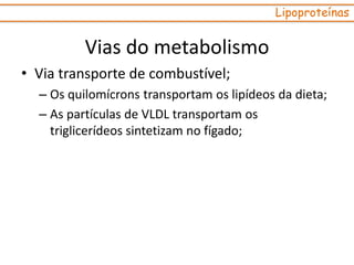 • Via transporte de combustível;
– Os quilomícrons transportam os lipídeos da dieta;
– As partículas de VLDL transportam os
triglicerídeos sintetizam no fígado;
Lipoproteínas
Vias do metabolismo
 