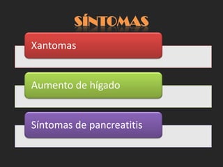 SÍNTOMAS
Xantomas


Aumento de hígado


Síntomas de pancreatitis
 