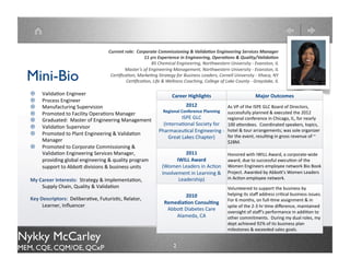 Mini-Bio
 Career Interests: Strategy & Implementation, Supply Chain, Quality & Validation

 Key Descriptors: Deliberative, Futuristic, Relator, Learner, Influencer


      Career Highlights                                              Major Outcomes

               2012                    As VP of the ISPE GLC Board of Directors, successfully planned & executed the
   Regional Conference Planning        2012 regional conference in Chicago, IL, for nearly 100 attendees. Coordinated
               ISPE                    speakers, topics, hotel & tour arrangements; was sole organizer for the event,
        Great Lakes Chapter            resulting in gross revenue of ~$28,000.

               2011
           IWILL Award                 Honored with IWILL Award, a corporate-wide award, due to successful execution of
      Women Leaders in Action          the Women Engineers employee network Bio Book Project. Awarded by Abbott's
      Involvement in Learning          Women Leaders in Action employee network.
            &Leadership

               2010                    Volunteered to support the business by helping its staff address critical business
      Remediation Consulting           issues. For 6 months, on full-time assignment & in spite of the 2-3 hr time
       Abbott Diabetes Care            difference, maintained oversight of staff’s performance in addition to other
          Alameda, CA                  commitments. During my dual roles, my dept achieved 92% of its business plan
                                       milestones & exceeded sales goals.




Nykky McCarley
MEM, CQE, CQM/OE, QCxP                                         2
 