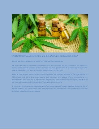 What interests us: human trials and the effect of the Liposomal cbd oil
Second, and more relevant to us, are clinical trials with human patients.
The antitumor effect of Liposomal cbd oil in patients with advanced stage glioblastoma; 8 of 9 patients
showed some positive response in the decrease in tumor growth rate. It is interesting to note that
adverse effects were not reported during the development of this study.
Added to this, we find anecdotal reports about patients and relatives attesting to the effectiveness of
CBD extracts and oils to lessen and control both symptoms and adverse effects. Among these are
documented a total recovery of appetite and weight gain, considerable decrease in pain, cessation of
hair loss, calm nausea and even complete ´ destruction of cancer cells.
To give interest to research and development of non-conventional therapies based on Liposomal cbd oil
extracts and oils, it is crucial to educate both physicians and patients about the potential and also the
limitations related to these compounds.
 