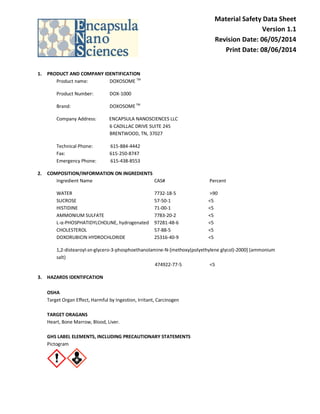 Material Safety Data Sheet
Version 1.1
Revision Date: 06/05/2014
Print Date: 08/06/2014
1. PRODUCT AND COMPANY IDENTIFICATION
Product name: DOXOSOME TM
Product Number: DOX-1000
Brand: DOXOSOMETM
Company Address: ENCAPSULA NANOSCIENCES LLC
6 CADILLAC DRIVE SUITE 245
BRENTWOOD, TN, 37027
Technical Phone: 615-884-4442
Fax: 615-250-8747
Emergency Phone: 615-438-8553
2. COMPOSITION/INFORMATION ON INGREDIENTS
Ingredient Name CAS# Percent
WATER 7732-18-5 >90
SUCROSE 57-50-1 <5
HISTIDINE 71-00-1 <5
AMMONIUM SULFATE 7783-20-2 <5
L-α-PHOSPHATIDYLCHOLINE, hydrogenated 97281-48-6 <5
CHOLESTEROL 57-88-5 <5
DOXORUBICIN HYDROCHLORIDE 25316-40-9 <5
1,2-distearoyl-sn-glycero-3-phosphoethanolamine-N-[methoxy(polyethylene glycol)-2000] (ammonium
salt)
474922-77-5 <5
3. HAZARDS IDENTIFCATION
OSHA
Target Organ Effect, Harmful by Ingestion, Irritant, Carcinogen
TARGET ORAGANS
Heart, Bone Marrow, Blood, Liver.
GHS LABEL ELEMENTS, INCLUDING PRECAUTIONARY STATEMENTS
Pictogram
 