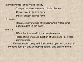 Pharmokinetics - efficacy and toxicity
-Changes the absorbance and biodistribution
- Deliver drug in desired form
- Deliver drug in desired form
Protection
- Decrease harmful side effects (Change where drug
accumulates in the body)
Release
- Affect the time in which the drug is released
- Prolong time -increase duration of action and decrease
administration
Dependent on drug and liposome properties Liposome
composition, pH and osmotic gradient, and environment.
 