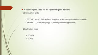  Cationic lipids used for the liposomal gene delivery
a]monovalent lipids
1. DOTMA : N-[1-(2,3-dioleyloxy) propyl]-N,N,N-trimethylammonium chloride
2. DOTAP : [1,2-bis(oleoyloxy)-3-(trimethylammonio) propane]
b]Multivalent lipids
3. DOSPA
4. DOGS
 