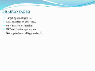 DISADVANTAGES:
 Targeting is not specific.
 Low transfection efficiency.
 only transient expression.
 Difficult in-vivo application.
 Not applicable to all types of cell.
 