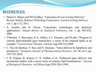 REFERENCES:
 Daniel A. Balazs and WT.Godbey, “Liposomes for use in Gene Delivery,”
Review Article, Hindawi Publishing Corporation, Journal of Drug Delivery,
vol. 1, pp.1-12, 2011.
 A. Jesorka and O. Orwar, “Liposomes: technologies and analytical
applications,” Annual Review of Analytical Chemistry, vol. 1, pp. 801-832,
2008.
 T.Montier, T. Benvegnu, P.-A. Jaffres, J.-J. Yaouanc, and P.Lehn, “Progress in
cationic lipid-mediated gene transfection: a series of bio inspired lipids as an
example,” Current Gene Therapy, vol.8,no.5,pp.296-312,2008.
 C. Tros de Ilarduya, Y. Sun, and N. Duzunes, “Gene delivery by lipoplexes and
polyplexes,” European Journal of Pharmaceutical Sciences, vol. 40, no.3, pp.
159-170, 2010.
 J. H. Felgner, R. Kumar, C. N. Sridhar et al, “Enhanced gene delivery and
mechanism studies with a novel series of cationic lipid formulations,” Journal
of Biological Chemistry, vol.269,no.4,pp.2550-2561,1994.
 