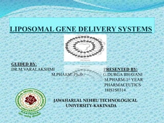 LIPOSOMAL GENE DELIVERY SYSTEMS
GUIDED BY:
DR.M.VARALAKSHMI PRESENTED BY:
M.PHARM.,Ph.D.. G.DURGA BHAVANI
M.PHARM-1st YEAR
PHARMACEUTICS
18IS1S0314
JAWAHARLAL NEHRU TECHNOLOGICAL
UNIVERSITY-KAKINADA
 