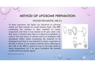 METHOD OF LIPOSOME PREPARATION
Faculty of pharmaceutical science, ADTU 12
In these processes, the lipids are dissolved in solvents
which are then transfer to round bottom flask. The RBF
containing the mixture is then attached to rotary
evaporator and then it was rotated at 60 rpm until a dry
thin layer is formed after that it is dried in lyophilizer to
remove the last traces of solvent and it is hydrated with
phosphate buffer saline containing the material to be
entrapped and then it was attached to rotary evaporator at
60 rpm or below it was rotated until the layer adhering on
the wall of the RBF is removed and it was kept stand at
room temperature for 2 hr upon hydration the lamella
swells and form myelin figure
HAND-SHAKING MLVs
 