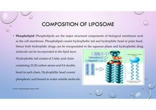 COMPOSITION OF LIPOSOME
• Phospholipid: Phospholipids are the major structural components of biological membrane such
as the cell membrane. Phospholipid consist hydrophobic tail and hydrophilic head or polar head.
Hence both hydrophilic drugs can be encapsulated in the aqueous phase and hydrophobic drug
molecule can be incorporated in the lipid layer.
Hydrophobic tail consist of 2 fatty acid chain
containing 10-20 carbon atoms and 0.6 double
bond in each chain. Hydrophillic head consist
phosphoric acid bound to water soluble molecule.
Faculty of pharmaceutical science, ADTU 4
 