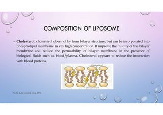COMPOSITION OF LIPOSOME
• Cholesterol: cholesterol does not by form bilayer structure, but can be incorporated into
phospholipid membrane in vey high concentration. It improve the fluidity of the bilayer
membrane and reduce the permeability of bilayer membrane in the presence of
biological fluids such as blood/plasma. Cholesterol appears to reduce the interaction
with blood proteins.
Faculty of pharmaceutical science, ADTU 5
 