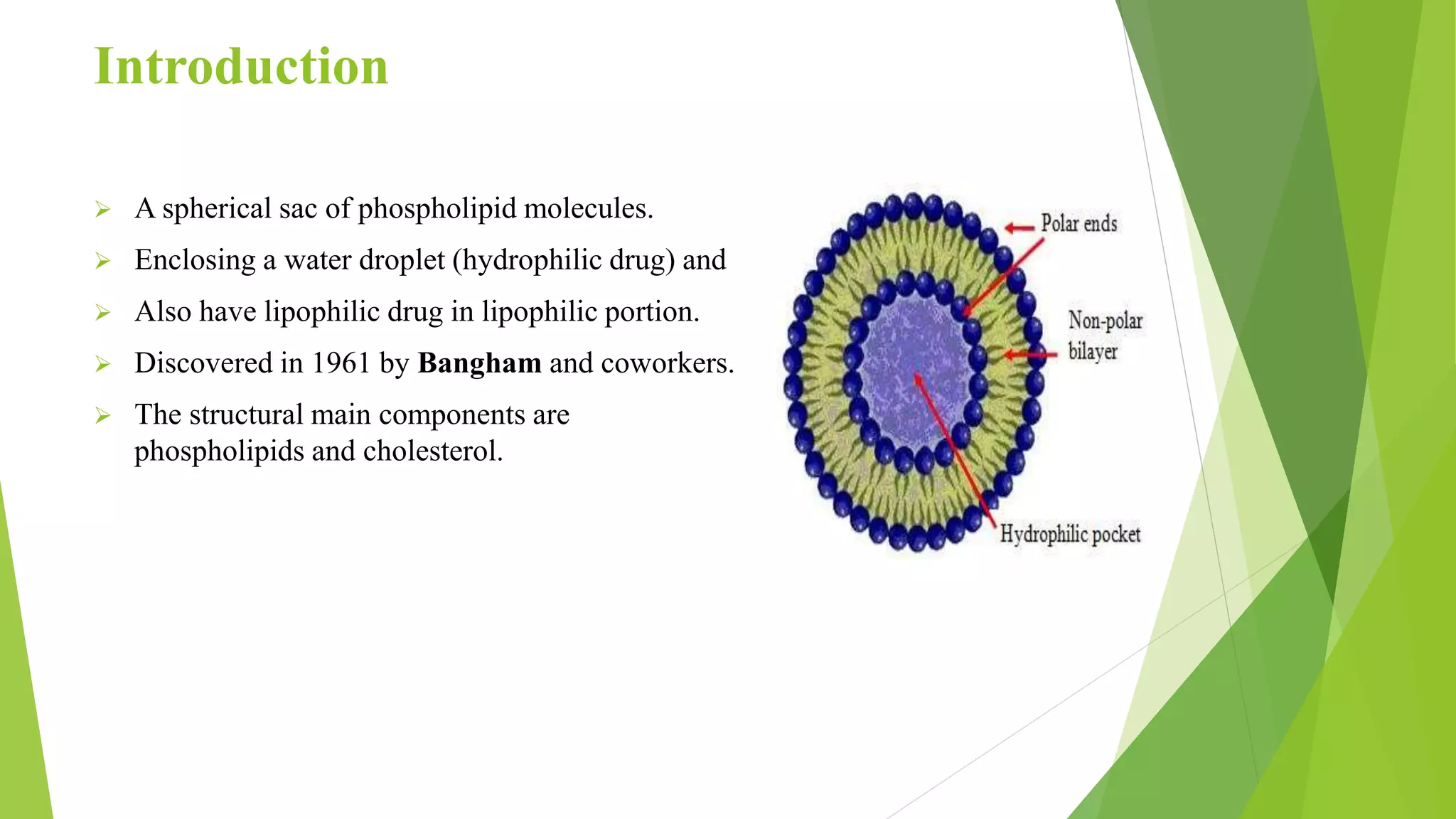 Introduction
 A spherical sac of phospholipid molecules.
 Enclosing a water droplet (hydrophilic drug) and
 Also have lipophilic drug in lipophilic portion.
 Discovered in 1961 by Bangham and coworkers.
 The structural main components are
phospholipids and cholesterol.
 