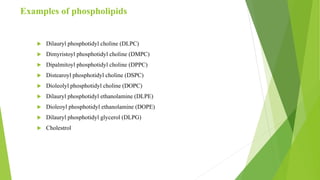 Examples of phospholipids
 Dilauryl phosphotidyl choline (DLPC)
 Dimyristoyl phosphotidyl choline (DMPC)
 Dipalmitoyl phosphotidyl choline (DPPC)
 Distearoyl phosphotidyl choline (DSPC)
 Dioleolyl phosphotidyl choline (DOPC)
 Dilauryl phosphotidyl ethanolamine (DLPE)
 Dioleoyl phosphotidyl ethanolamine (DOPE)
 Dilauryl phosphotidyl glycerol (DLPG)
 Cholestrol
 