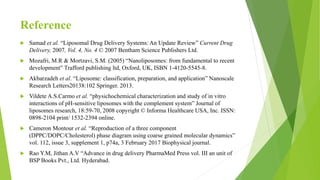 Reference
 Samad et al. “Liposomal Drug Delivery Systems: An Update Review” Current Drug
Delivery, 2007, Vol. 4, No. 4 © 2007 Bentham Science Publishers Ltd.
 Mozafri, M.R & Mortzavi, S.M. (2005) “Nanoliposomes: from fundamental to recent
development” Trafford publishing ltd, Oxford, UK, ISBN 1-4120-5545-8.
 Akbarzadeh et al. “Liposome: classification, preparation, and application” Nanoscale
Research Letters20138:102 Springer. 2013.
 Vildete A.S.Carmo et al. “physichochemical characterization and study of in vitro
interactions of pH-sensitive liposomes with the complement system” Journal of
liposomes research, 18:59-70, 2008 copyright © Informa Healthcare USA, Inc. ISSN:
0898-2104 print/ 1532-2394 online.
 Cameron Montour et al. “Reproduction of a three component
(DPPC/DOPC/Cholesterol) phase diagram using coarse grained molecular dynamics”
vol. 112, issue 3, supplement 1, p74a, 3 February 2017 Biophysical journal.
 Rao Y.M, Jithan A.V “Advance in drug delivery PharmaMed Press vol. III an unit of
BSP Books Pvt., Ltd. Hyderabad.
 
