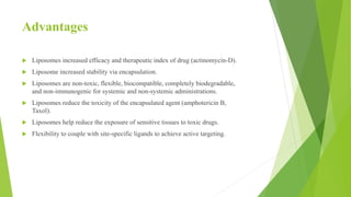 Advantages
 Liposomes increased efficacy and therapeutic index of drug (actinomycin-D).
 Liposome increased stability via encapsulation.
 Liposomes are non-toxic, flexible, biocompatible, completely biodegradable,
and non-immunogenic for systemic and non-systemic administrations.
 Liposomes reduce the toxicity of the encapsulated agent (amphotericin B,
Taxol).
 Liposomes help reduce the exposure of sensitive tissues to toxic drugs.
 Flexibility to couple with site-specific ligands to achieve active targeting.
 