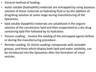 • General method of loading:
• water soluble (hydrophilic) materials are entrapped by using aqueous
solution of these materials as hydrating fluid or by the addition of
drug/drug solution at some stage during manufacturing of the
liposomes.
• lipid soluble (lipophilic) materials are solubilized in the organic
solution of the constitutive lipid and then evaporated to a dry drug
containing lipid film followed by its hydration.
• Passive Loading : involve the loading of the entrapped agents before
or during the manufacturing procedure .
• Remote Loading Or Active Loading: compounds with ionizable
groups, and those which display both lipid and water solubility, can
be introduced into the liposomes after the formation of intact
vesicles.
 