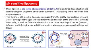 pH sensitive liposome
 These liposomes are stable at physiological pH (pH 7.4) but undergo destabilization and
acquire fusogenic properties under acidic conditions, thus leading to the release of their
aqueous contents.
 The theory of pH-sensitive liposomes emerged from the reality that certain enveloped
viruses developed strategies to benefit from the acidification of the endosomal lumen to
infect cells, as well as from the observation that some pathological tissues (tumours,
inflamed and infected areas) exhibit an acidic environment as compared with normal
tissues .
 