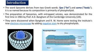 • The word liposome derives from two Greek words: lipo ("fat") and soma ("body");
it is so named because its composition is primarily of phospholipid.
• The preparation of liposomes, with entrapped solutes, was demonstrated for the
first time in 1965 by Prof. A.D. Bangham of the Cambridge University (UK).
• They were discovered when Bangham and R. W. Horne were testing the institute's
new electron microscope by adding negative stain to dry phospholipids.
Introduction
 