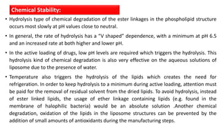 • Hydrolysis type of chemical degradation of the ester linkages in the phospholipid structure
occurs most slowly at pH values close to neutral.
• In general, the rate of hydrolysis has a “V shaped” dependence, with a minimum at pH 6.5
and an increased rate at both higher and lower pH.
• In the active loading of drugs, low pH levels are required which triggers the hydrolysis. This
hydrolysis kind of chemical degradation is also very effective on the aqueous solutions of
liposome due to the presence of water.
• Temperature also triggers the hydrolysis of the lipids which creates the need for
refrigeration. In order to keep hydrolysis to a minimum during active loading, attention must
be paid for the removal of residual solvent from the dried lipids. To avoid hydrolysis, instead
of ester linked lipids, the usage of ether linkage containing lipids (e.g. found in the
membrane of halophilic bacteria) would be an absolute solution .Another chemical
degradation, oxidation of the lipids in the liposome structures can be prevented by the
addition of small amounts of antioxidants during the manufacturing steps.
Chemical Stability:
 