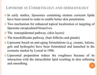 LIPOSOME IN COSMETOLOGY AND DERMATOLOGY
 In early studies, liposomes containing stratum corneum lipids
have been tested in order to enable better skin penetration.
 Two mechanism for enhanced topical localization or targeting of
liposome encapsulated bioactives.
 The transepidermal pathway. (skin layers)
 The transfollicular pathway. (hair follicles and glands)
 Liposome based on anti-aging formulations (e.g. creams, lotions,
gels and hydrogels) have been formulated and launched in the
cosmetic market by Loreal in 1986.
 Liposomal preparation reduce the roughness because of its
interaction with the intracellular lipid resulting in skin softening
and smoothing.
25
 