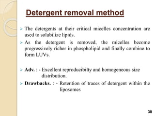 Detergent removal method
 The detergents at their critical micelles concentration are
used to solubilize lipids.
 As the detergent is removed, the micelles become
progressively richer in phospholipid and finally combine to
form LUVs.
 Adv. : - Excellent reproducibilty and homogeneous size
distribution.
 Drawbacks. : - Retention of traces of detergent within the
liposomes
30
 