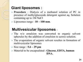 Giant liposomes :
 Procedure : Dialysis of a methanol solution of PC in
presence of methylglucoside detergent against aq. Solution
containing up to 1M NaCl
 Liposomes range : 10 – 100 mm.
Multivesicular liposomes :
 The w/o emulsion was converted to organic solvent
spherules by the addition of emulsion to across solution.
 The evaporation of organic solvent resultes in formation of
multivesicular liposomes
 Size range : 5.6 – 29 pm
 Material to be encapsulated : Glucose, EDTA, human
DNA.
31
 