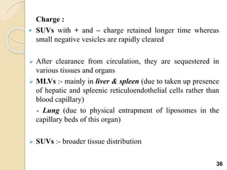 Charge :
 SUVs with + and – charge retained longer time whereas
small negative vesicles are rapidly cleared
 After clearance from circulation, they are sequestered in
various tissues and organs
 MLVs :- mainly in liver & spleen (due to taken up presence
of hepatic and spleenic reticuloendothelial cells rather than
blood capillary)
- Lung (due to physical entrapment of liposomes in the
capillary beds of this organ)
 SUVs :- broader tissue distribution
36
 
