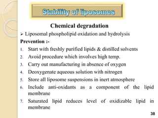 Chemical degradation
 Liposomal phospholipid oxidation and hydrolysis
Prevention :-
1. Start with freshly purified lipids & distilled solvents
2. Avoid procedure which involves high temp.
3. Carry out manufacturing in absence of oxygen
4. Deoxygenate aqueous solution with nitrogen
5. Store all liposome suspensions in inert atmosphere
6. Include anti-oxidants as a component of the lipid
membrane
7. Saturated lipid reduces level of oxidizable lipid in
membrane
38
 