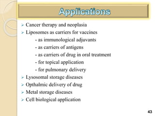  Cancer therapy and neoplasia
 Liposomes as carriers for vaccines
- as immunological adjuvants
- as carriers of antigens
- as carriers of drug in oral treatment
- for topical application
- for pulmonary delivery
 Lysosomal storage diseases
 Opthalmic delivery of drug
 Metal storage diseases
 Cell biological application
43
 