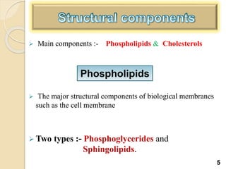  Main components :- Phospholipids & Cholesterols
 The major structural components of biological membranes
such as the cell membrane
 Two types :- Phosphoglycerides and
Sphingolipids.
Phospholipids
5
 
