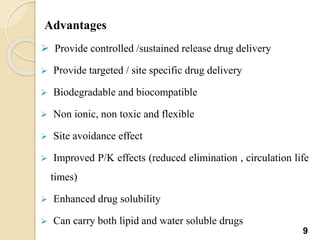 Advantages
 Provide controlled /sustained release drug delivery
 Provide targeted / site specific drug delivery
 Biodegradable and biocompatible
 Non ionic, non toxic and flexible
 Site avoidance effect
 Improved P/K effects (reduced elimination , circulation life
times)
 Enhanced drug solubility
 Can carry both lipid and water soluble drugs
9
 