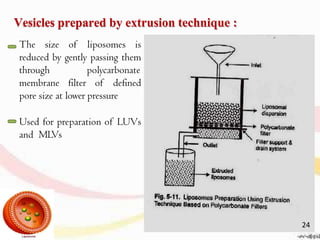 Vesicles prepared by extrusion technique :
The size of liposomes is
reduced by gently passing them
through polycarbonate
membrane filter of defined
pore size at lower pressure
Used for preparation of LUVs
and MLVs
24
 