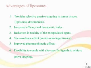 Advantages of liposomes
1. Provides selective passive targeting to tumor tissues.
(liposomal doxorubicin) .
2. Increased efficacy and therapeutic index.
3. Reduction in toxicity of the encapsulated agent.
4. Site avoidance effect (avoids non-target tissues).
5. Improved pharmacokinetic effects .
6. Flexibility to couple with site-specific ligands to achieve
active targeting.
5
 