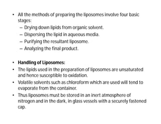 • All the methods of preparing the liposomes involve four basic
stages:
– Drying down lipids from organic solvent.
– Dispersing the lipid in aqueous media.
– Purifying the resultant liposome.
– Analyzing the final product.
• Handling of Liposomes:
• The lipids used in the preparation of liposomes are unsaturated
and hence susceptible to oxidation.
• Volatile solvents such as chloroform which are used will tend to
evaporate from the container.
• Thus liposomes must be stored in an inert atmosphere of
nitrogen and in the dark, in glass vessels with a securely fastened
cap.
 
