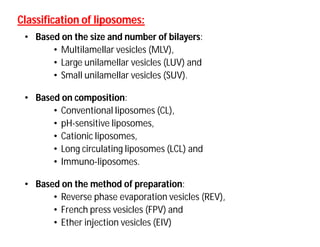 Classification of liposomes:Classification of liposomes:
• Based on the size and number of bilayers:
• Multilamellar vesicles (MLV),
• Large unilamellar vesicles (LUV) and
• Small unilamellar vesicles (SUV).
• Based on composition:
• Conventional liposomes (CL),
• pH-sensitive liposomes,
• Cationic liposomes,
• Long circulating liposomes (LCL) and
• Immuno-liposomes.
• Based on the method of preparation:
• Reverse phase evaporation vesicles (REV),
• French press vesicles (FPV) and
• Ether injection vesicles (EIV)
 