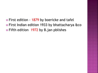  First edition - 1879 by boericke and tafel
 First Indian edition 1933 by bhattacharya &co
 Fifth edition 1972 by B.jan pblishes
 