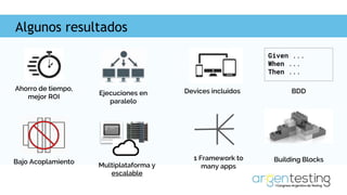Algunos resultados
Ahorro de tiempo,
mejor ROI
Ejecuciones en
paralelo
Devices incluidos
Bajo Acoplamiento
Multiplataforma y
escalable
1 Framework to
many apps
Given ...
When ...
Then ...
BDD
Building Blocks
 