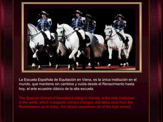 La Escuela Española de Equitación en Viena, es la única institución en el mundo, que mantiene sin cambios y cuida desde el Renacimiento hasta hoy, el arte ecuestre clásico de la alta escuela.   The Spanish School of Horseback riding in Vienna, is the only institution in the world, which it supports without changes and takes care from the Renaissance up to today, the classic equestrian art of the high school. 