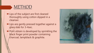 METHOD
Lips of the subject are first cleaned
thoroughly using cotton dipped in a
cleanser.
Lips are gently pressed together against a
glass slab for 3-4sec.
Print obtain is developed by sprinkling the
black finger print powder containing
charcoal, lampblack & graphite.
 