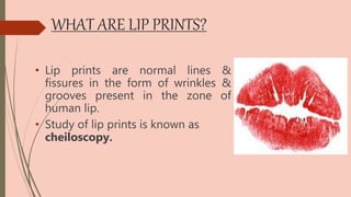 WHAT ARE LIP PRINTS?
• Lip prints are normal lines &
fissures in the form of wrinkles &
grooves present in the zone of
human lip.
• Study of lip prints is known as
cheiloscopy.
 