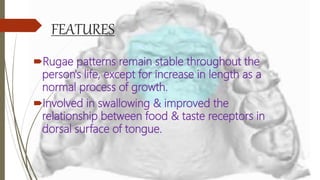 FEATURES
Rugae patterns remain stable throughout the
person's life, except for increase in length as a
normal process of growth.
Involved in swallowing & improved the
relationship between food & taste receptors in
dorsal surface of tongue.
 