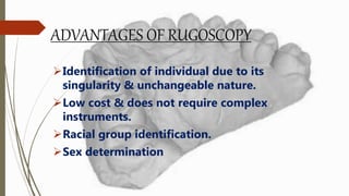 ADVANTAGES OF RUGOSCOPY
Identification of individual due to its
singularity & unchangeable nature.
Low cost & does not require complex
instruments.
Racial group identification.
Sex determination
 