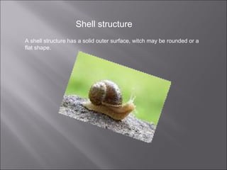 Shell structure A shell structure has a solid outer surface, witch may be rounded or a flat shape.  