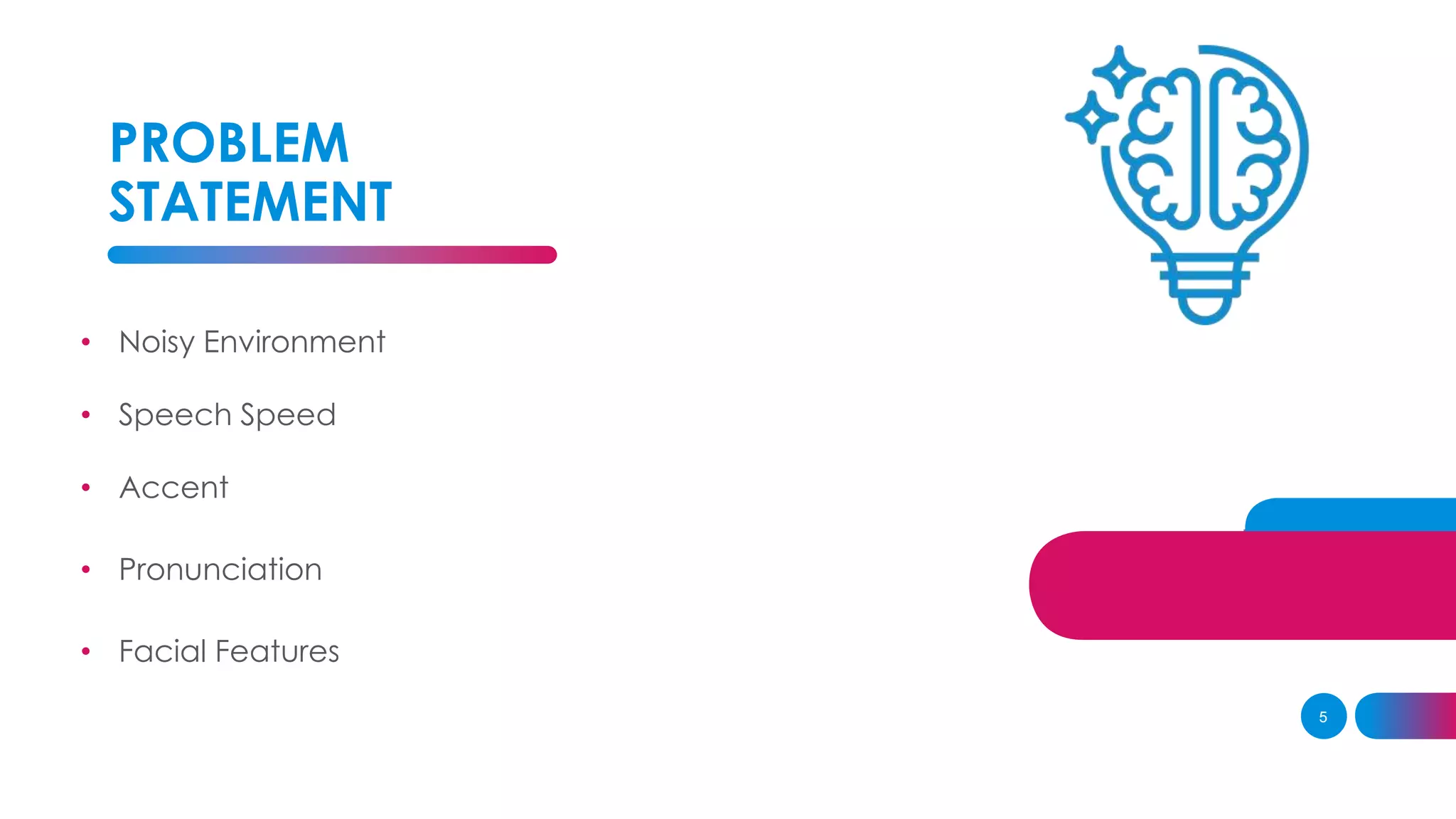 PROBLEM
STATEMENT
5
• Noisy Environment
• Speech Speed
• Accent
• Pronunciation
• Facial Features
 