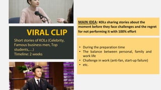 VIRAL CLIP
Short stories of KOLs (Celebrity,
Famous business men, Top
students,…)
Timeline: 2 weeks
MAIN IDEA: KOLs sharing stories about the
moment before they face challenges and the regret
for not performing it with 100% effort
• During the preparation time
• The balance between personal, family and
work life
• Challenge in work (anti-fan, start-up failure)
• etc.
 