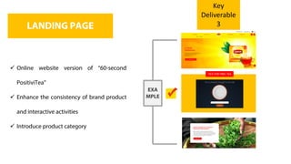 LANDING PAGE
ü Online website version of “60-second
PositiviTea”
ü Enhance the consistency of brand product
and interactive activities
ü Introduce product category
EXA
MPLE
TICK FOR FREE TEA
Key
Deliverable
3
 